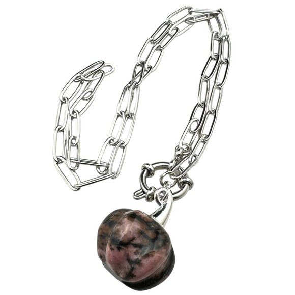 Dragon Blood Gemstone Pumpkin Pendant Necklace Silver Tone 17 Inch - Picture 3 of 6